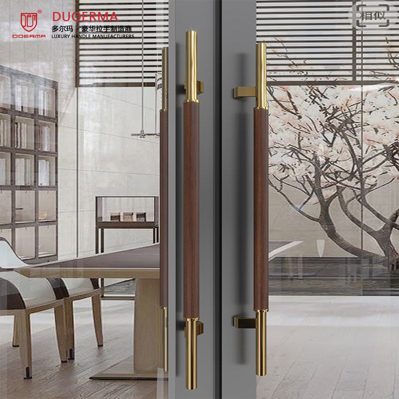 定制不锈钢金色有框玻璃大门实木拉手饭店包间实木大门黑色圆把手