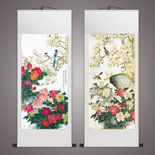 花开富贵玄关画牡丹国画花鸟卷轴挂画中式客厅装饰画书房茶室壁画