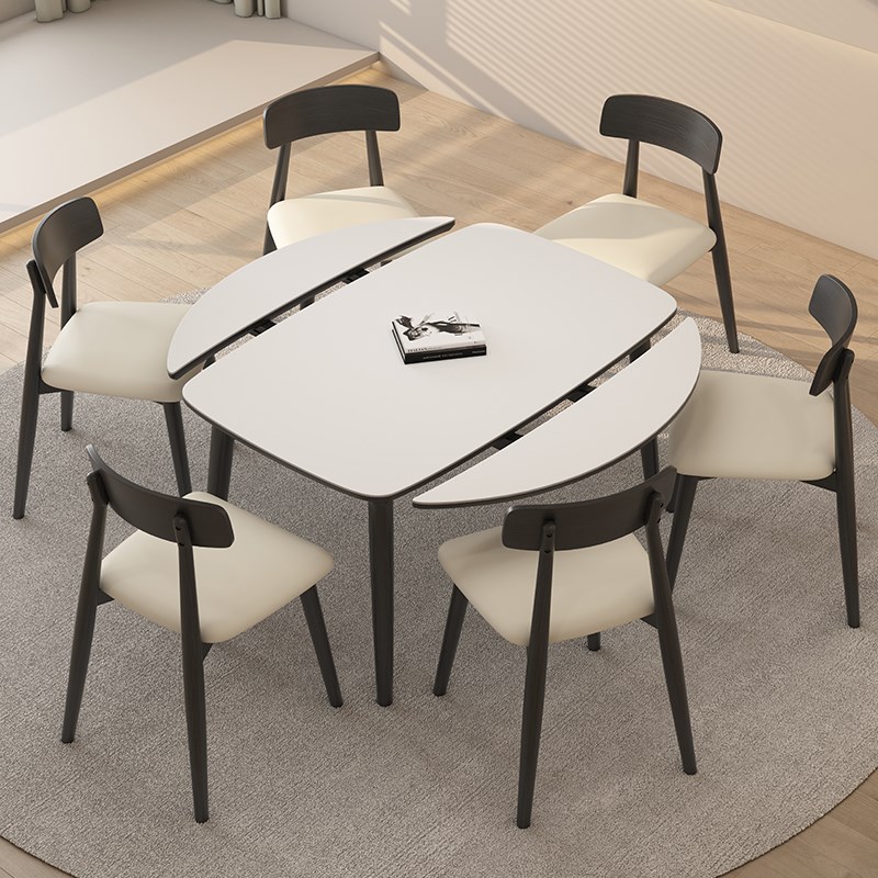 实木伸缩岩板餐桌可变圆桌家用小户型奶油简约风折叠方圆两用饭桌