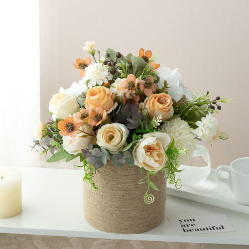 仿真花假花田园风麻绳陶瓷瓶客厅餐桌室内玄关摆件装饰花束小盆栽