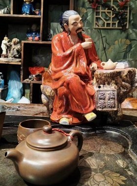 陆羽品茶茶圣古代人物摆件石湾陶瓷公仔中式茶艺馆装饰品纯手工