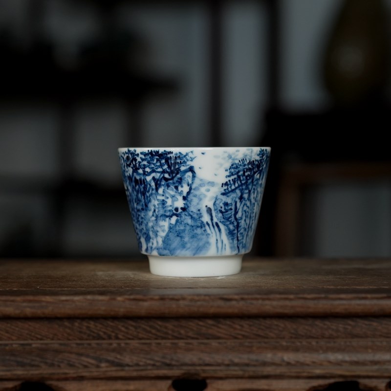 刘林荣手绘马蹄杯釉下彩水乡陶瓷茶具功夫茶杯聚香杯青花瓷品茗杯
