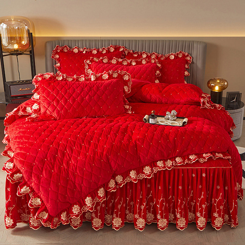 结婚红色宝宝绒夹棉加厚两用被套单件高级感刺绣花边被罩保暖冬季