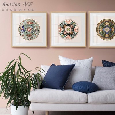 中式现代装饰画 沙发背景墙三联画 客厅挂画民族风锦绣 壁画定做