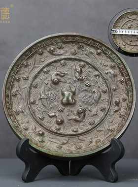 汉唐铜镜黑漆古圆形铭文五兽图案海兽复古铜镜家居摆饰鉴赏收藏