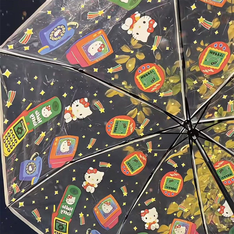 卡通电话猫咪三折8骨透明伞全自动便携学生雨伞可爱晴雨两用伞
