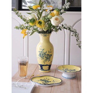 契阔家居新中式手工彩绘陶瓷花瓶客厅玄关桌面装饰摆件托盘果盘