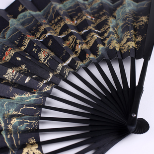 王星记扇子中国风黑色丝绸折扇男式 古风绢扇9寸折叠扇礼品工艺扇