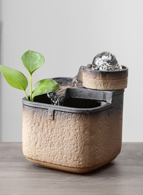 永动循环流水生财小鱼缸山水盆景摆件办公室桌面旋转水晶球风水轮