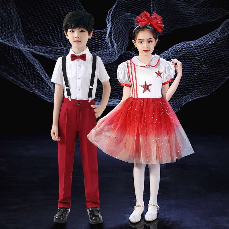 国庆儿童合唱演出服小学生女童舞蹈裙男童爱国红朗诵比赛表演服装图片