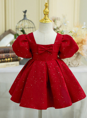 百天儿童晚礼服女童公主裙红色花童礼服宝宝周岁小女孩钢琴演出服