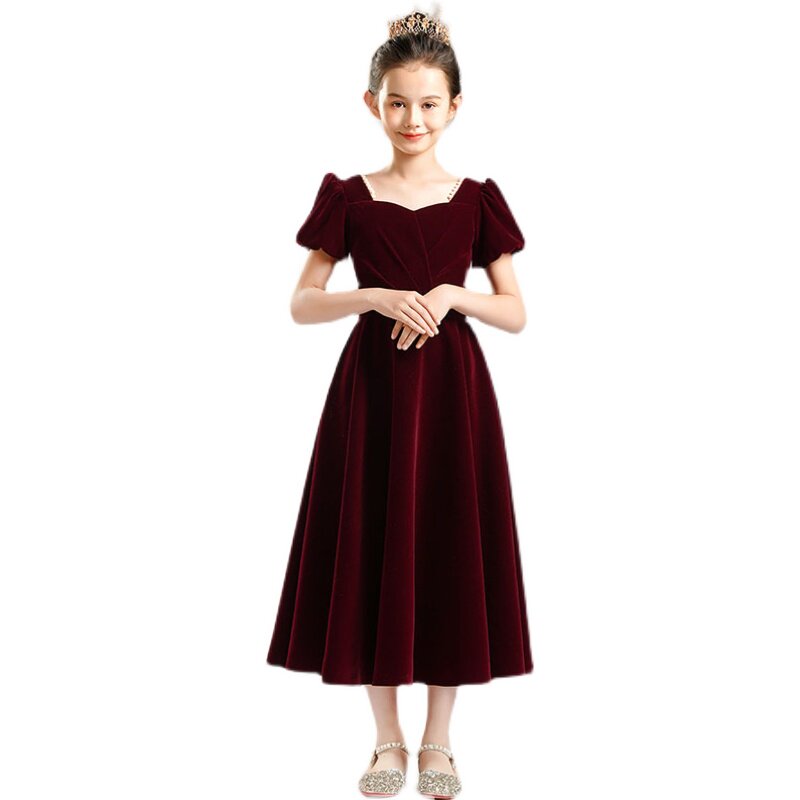 红色女童礼服花童公主裙儿童主持人钢琴演出服高端生日晚礼服秋冬