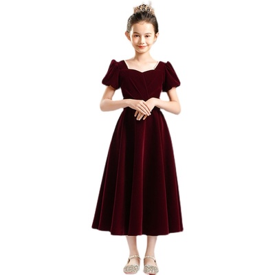 红色女童礼服花童公主裙儿童主持人钢琴演出服高端生日晚礼服秋冬