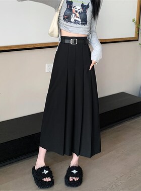 高级感灰色a字半身裙女中长款大码胖mm高腰显瘦西装百褶气质长裙