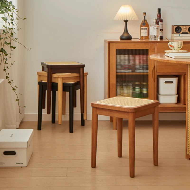 实木藤编凳子可叠放家用中古餐凳复古休闲方凳餐厅备用椅子高板凳
