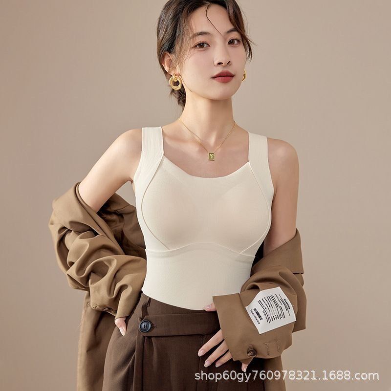 秋冬季保暖背心无痕加绒加厚固定杯打底内衣女士发热蓄热显瘦蚕丝