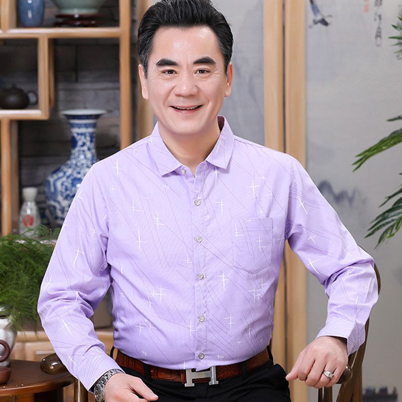 中老年男式全棉衬衫夏天薄款爸爸衬衣男长袖纯棉宽松免烫格子寸衫