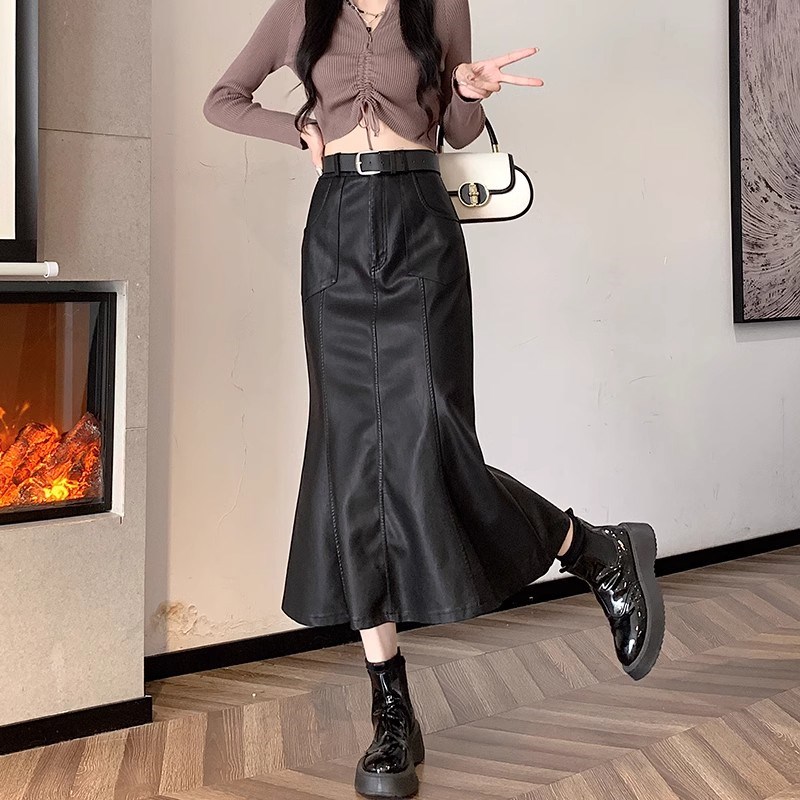 小个子黑色PU皮裙半身裙女冬季新款150cm显高a字显瘦中长款鱼尾裙