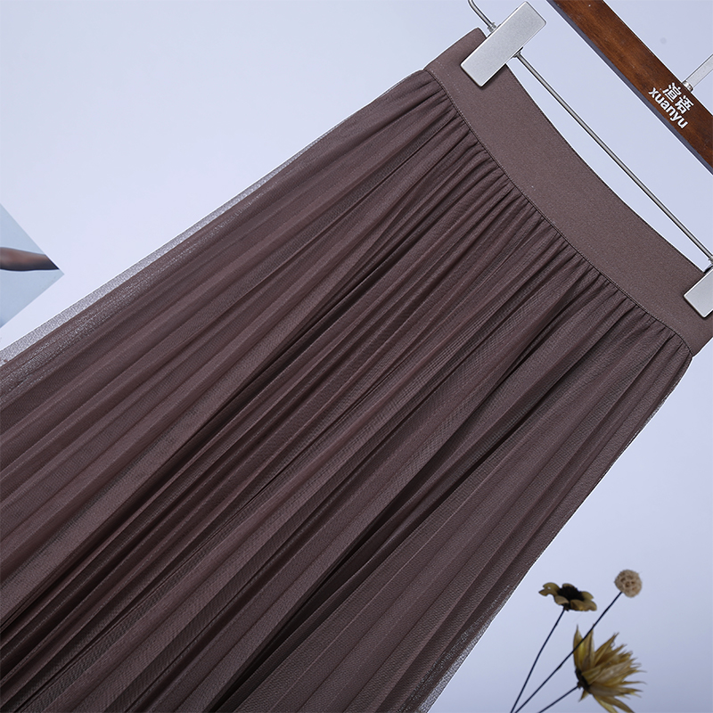 新款秋冬松紧高腰显瘦垂感网纱百褶半身裙仙女裙长裙中长款纱裙