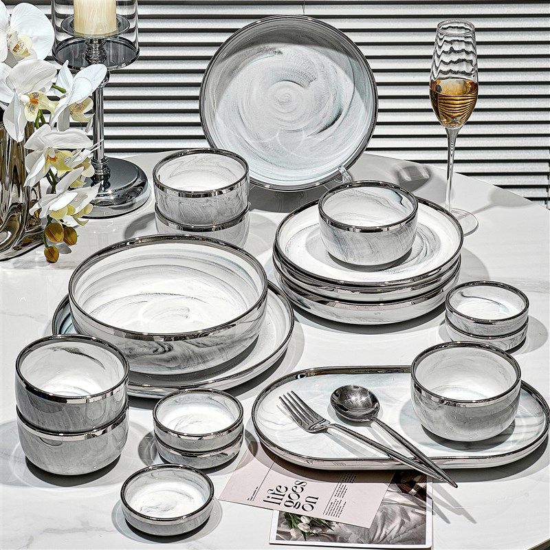 轻奢餐具套装高级感大理石陶瓷碗碟家用2024新款乔迁碗具碗盘高档