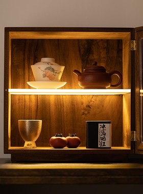 胡桃木小型桌面茶具防尘柜收纳柜创意带灯储物柜实木茶室展示柜