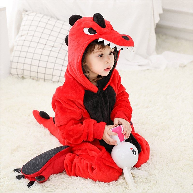 爪子鞋法兰绒秋冬家居服套装儿童恐龙连体睡衣可爱卡通动物如厕版