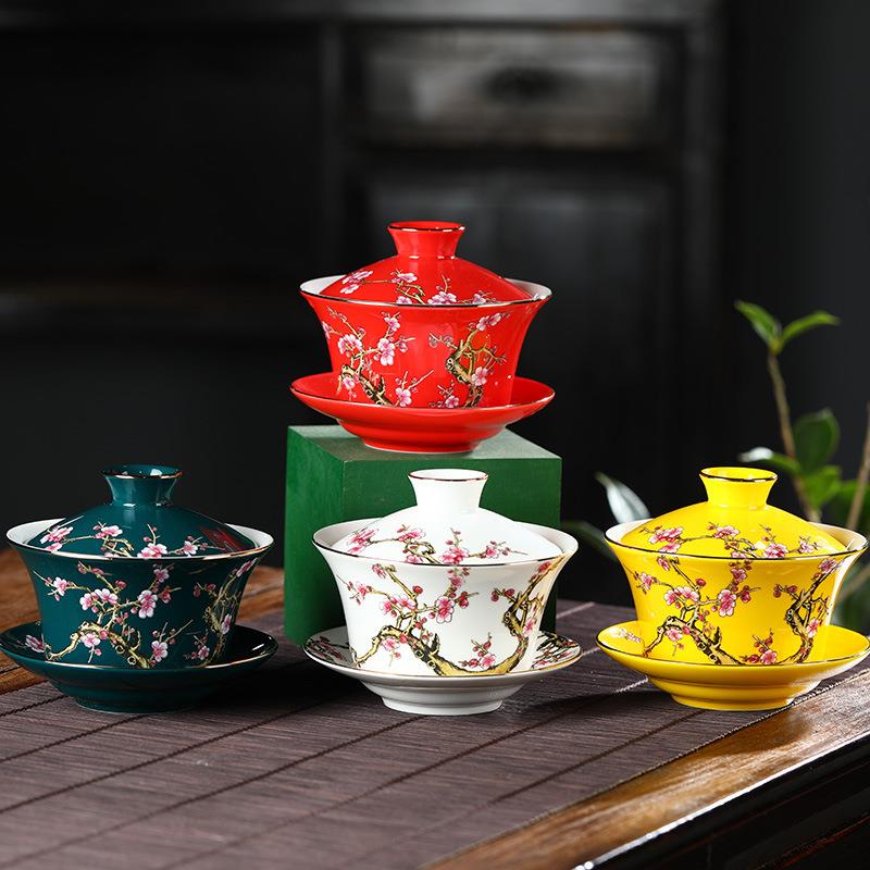 300ml三才碗茶杯大号陶瓷八宝碗复古泡茶盖碗茶具色釉三泡台盖杯