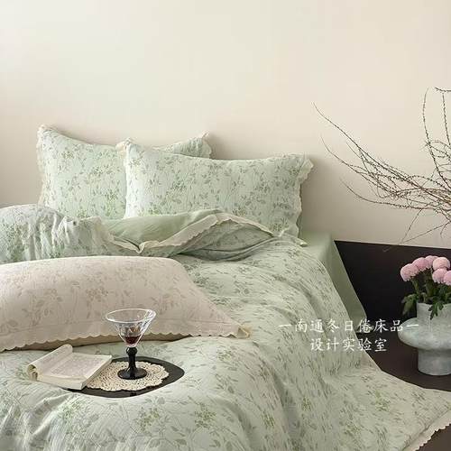 酥软双层纱~全棉色织提花皱皱纱布四件套田园花卉纯棉被套1.8床品