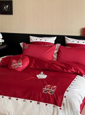 真爱A类100S全棉长绒棉婚庆绣花四件套喜字绣花红色被套结婚床品