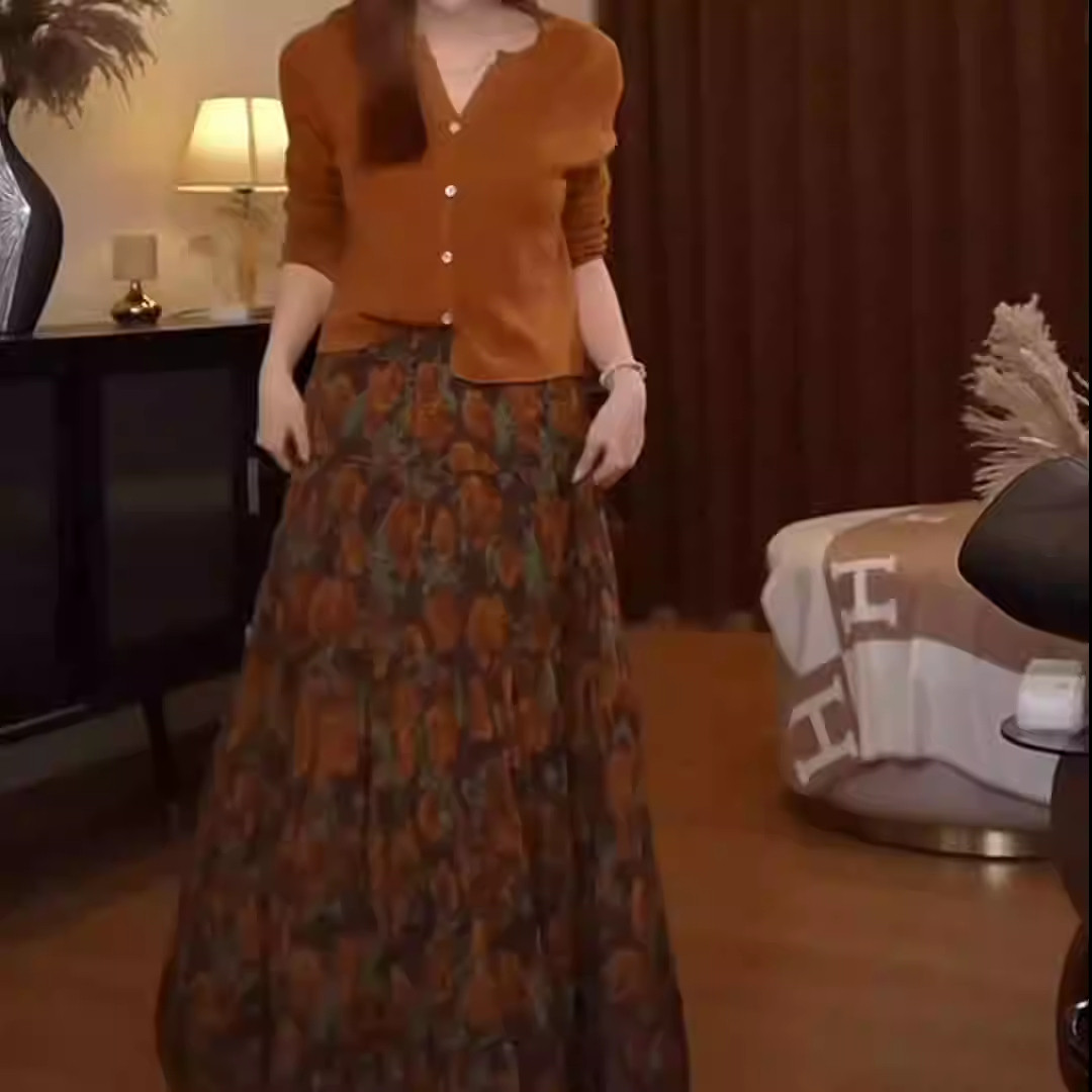 玉美雅【旗舰精选套装】秋冬款优雅复古外穿通勤针织衫轻奢印花裙