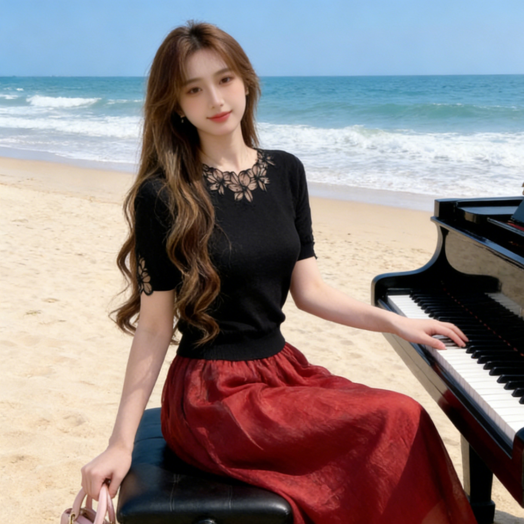 玉美雅【旗舰精选套装】夏季款新中式花边领上衣高腰超仙网纱裙女