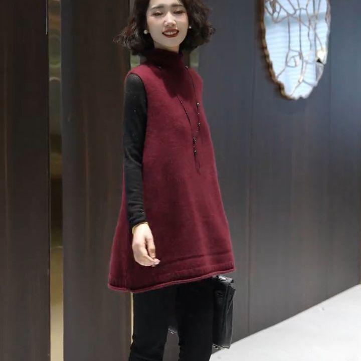 玉美雅秋冬新款轻奢宽松安可拉红外穿立领中长马甲+简约长袖内搭