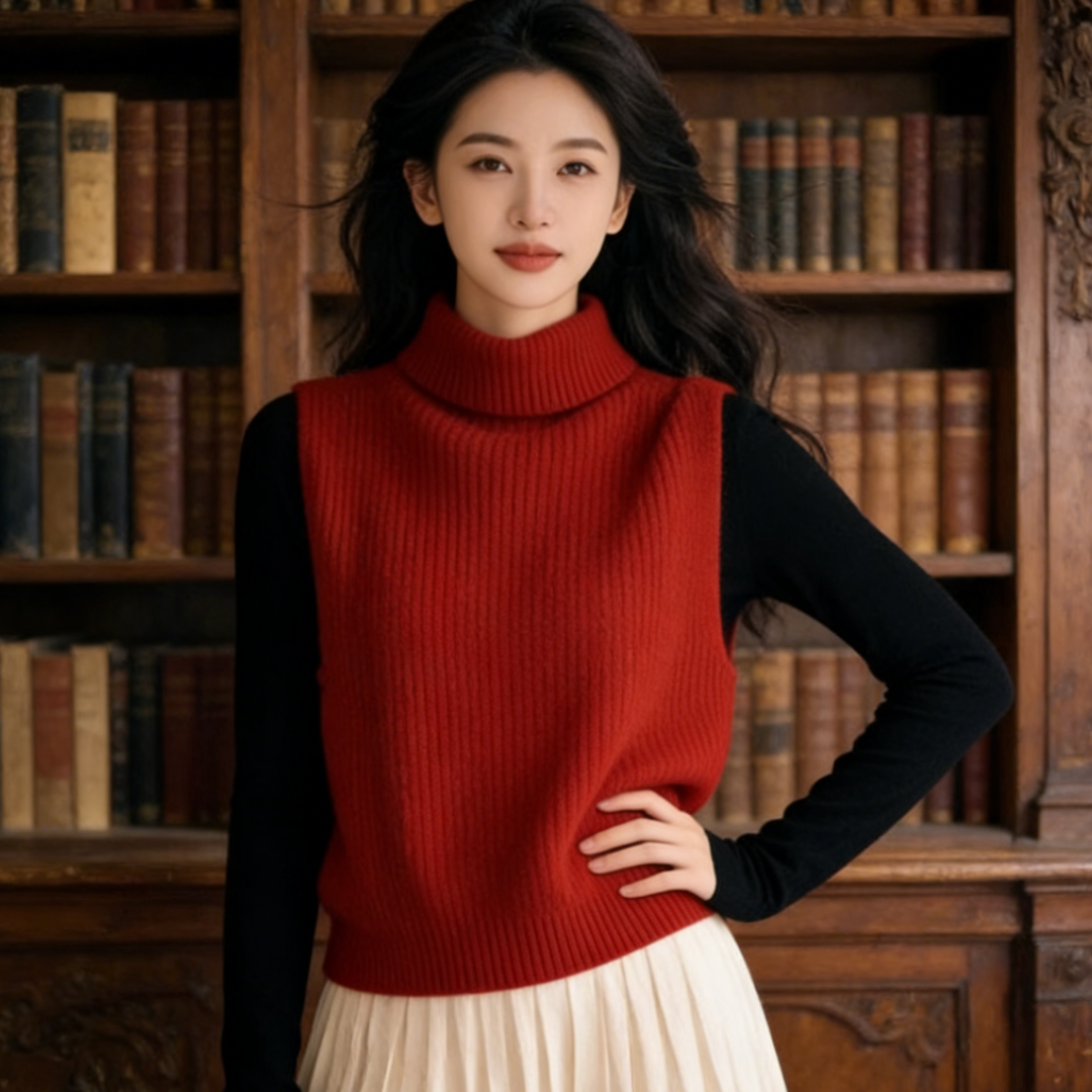 玉美雅【专柜品质套装】秋冬新中式高领新年红通勤马甲+长袖内搭