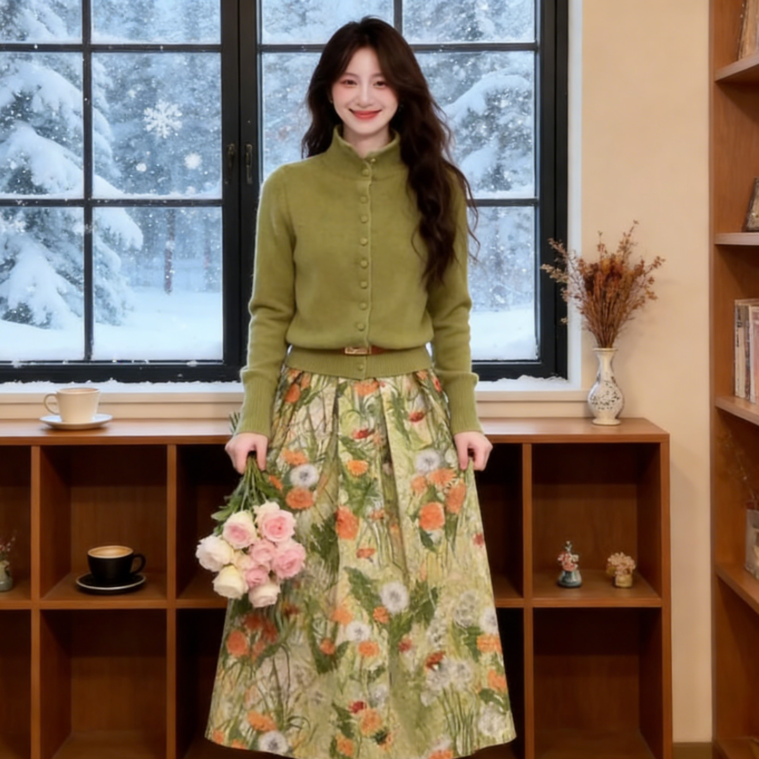 玉美雅【旗舰精选套装】秋冬新款高领绿色针织衫简约碎花半身裙,女装/女士精品,时尚套装,淘宝优惠券,粉丝福利购,淘宝优惠卷
