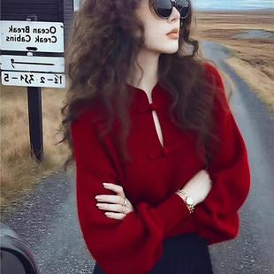 玉美雅【旗舰精选】秋冬上新新中式复古秋冬甜美盘扣国风红色毛衣