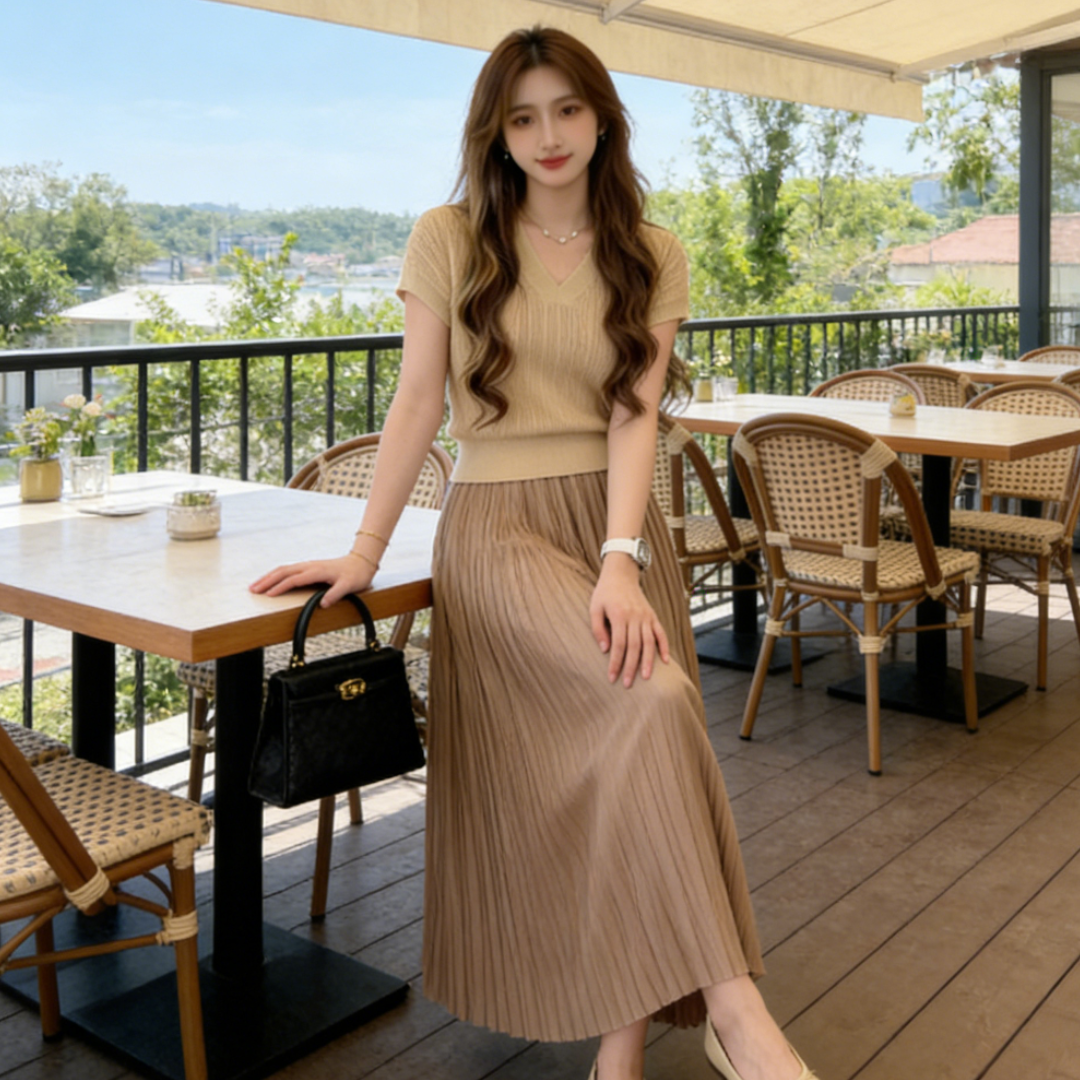 玉美雅【旗舰精选套装】夏款新中式优雅气质上衣高腰百褶半身裙女