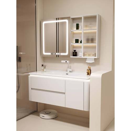 686A9L简约奶油陶一体智能浴室柜镜柜组合卫生间瓷收风洗纳洗漱台