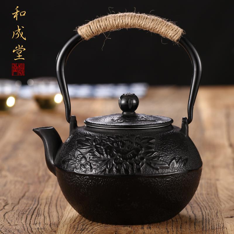 牡丹花纹壶铸铁套壶京铁都铁瓶急须RO-072生铁壶烧水铁壶装