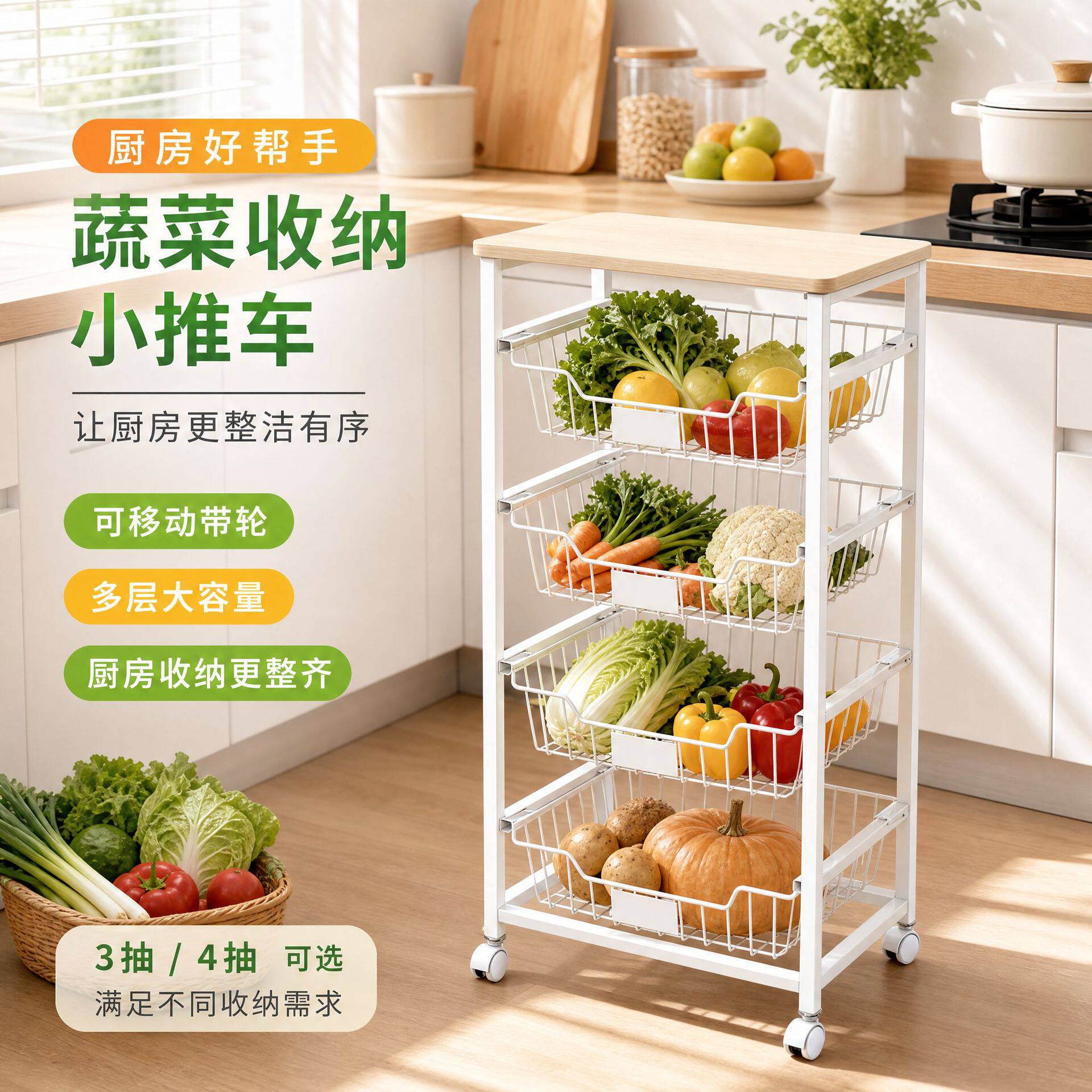 厨房蔬菜收纳架小推车可移动抽屉式多层置物架家用果蔬收纳筐带轮