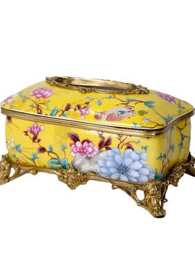 东顿庄园美式复461古纸巾盒黄色高档工铜厅配陶瓷手抽摆纸盒客桌