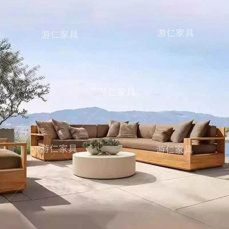 户外庭酒院发实木花园高端店发防水防晒91沙露台柚木沙发茶几沙组