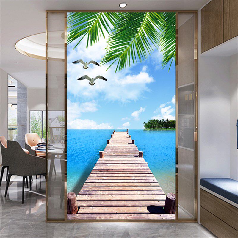 自粘壁画入户壁纸玄关装饰画竖版风景海景进门楼梯过道背胶墙贴画
