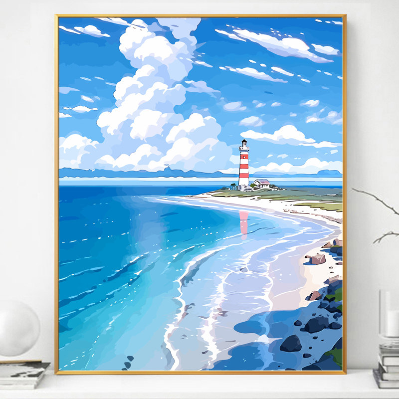 海边灯塔数字油画diy填充填色画画手工手绘高级感油彩画风景涂色