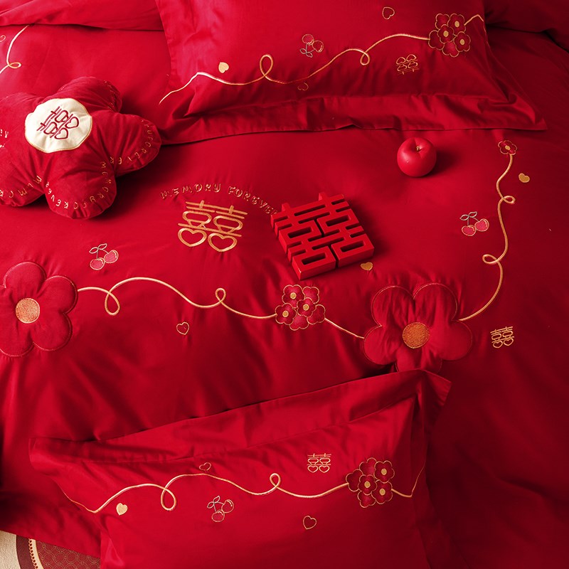 浪漫婚庆0S长绒棉四件喜字刺绣被红色高端结婚床单床上用品