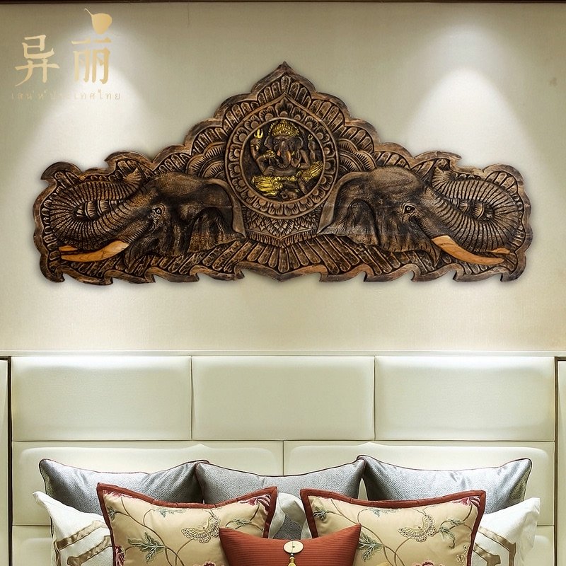异丽泰国手工柚木雕花板大象木雕双象雕花壁挂门楣挂件浮雕装饰画