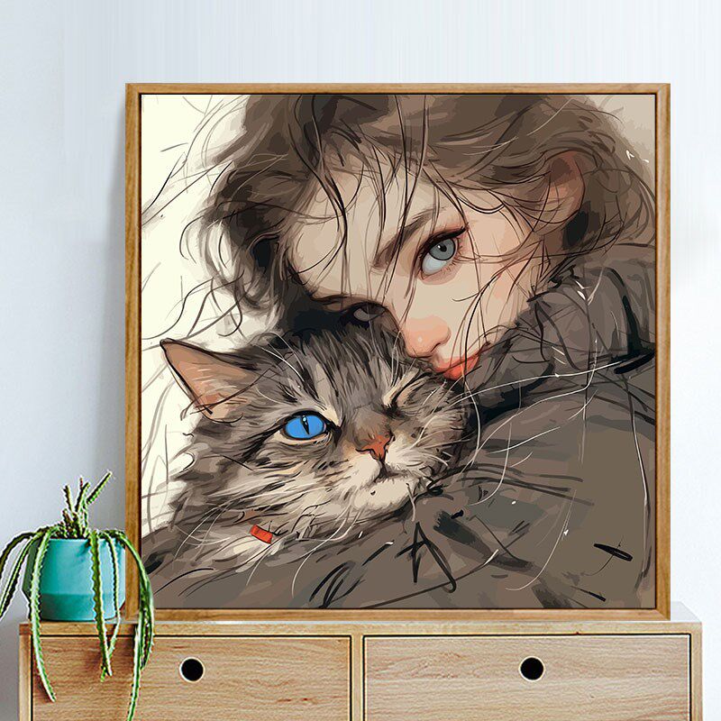 宫崎骏猫咪和女孩数字油画diy填充涂色手工绘卡通丙烯油彩装饰画