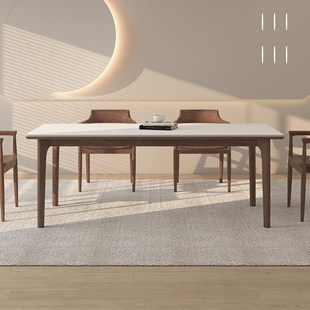 黑胡桃木德利丰岩板餐桌椅组合家用长方形高端奶油中古风全托饭桌
