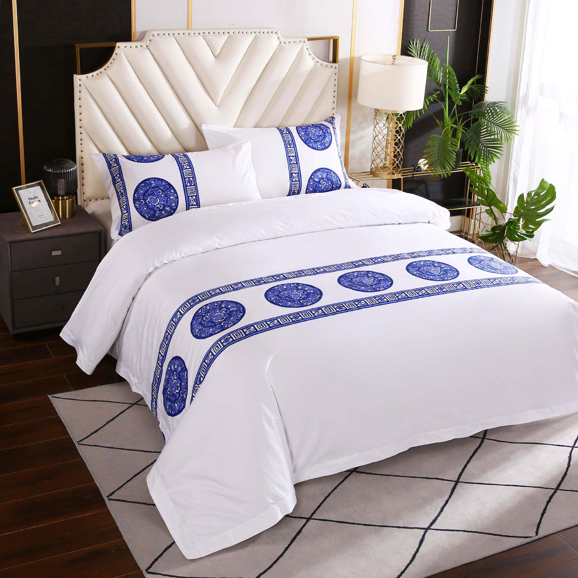 文英文全棉贡缎印花床上用品四件套酒店布草宾馆纯棉床单被罩套件