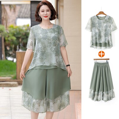 中年妈妈夏装套装2025新款母亲节衣服中老年女装短袖洋气雪纺小衫