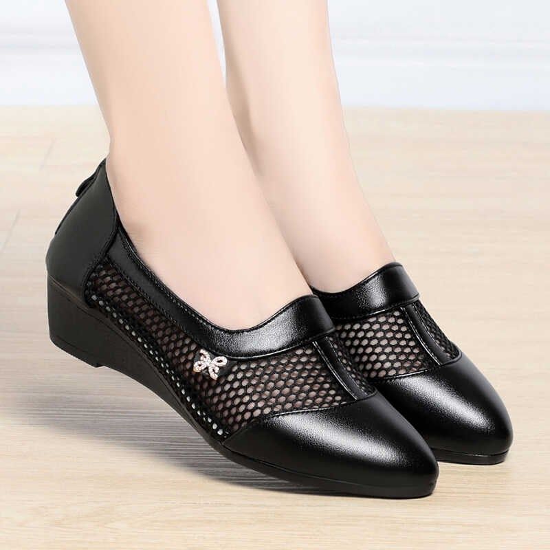 网纱尖头真皮凉鞋女2025新款夏季透气舒适女鞋缕空坡跟中跟女单鞋,女鞋,浅口单鞋,淘宝优惠券,粉丝福利购,淘宝优惠卷